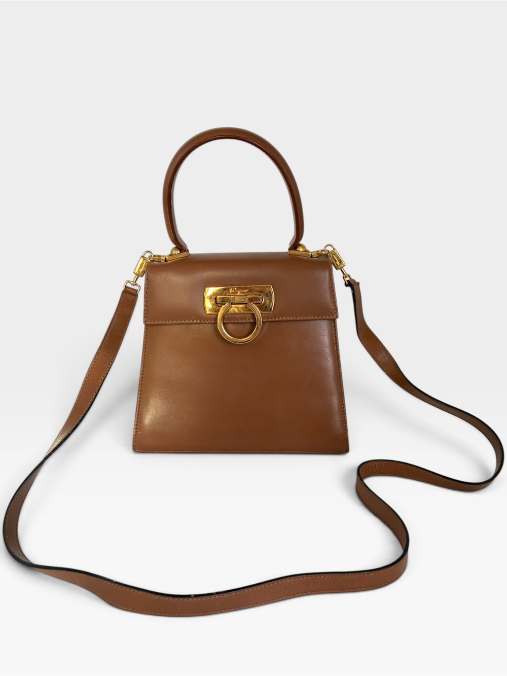Salvatore Ferragamo Iconic Gancini Brown Leather Top Handle Handbag Gold Italy